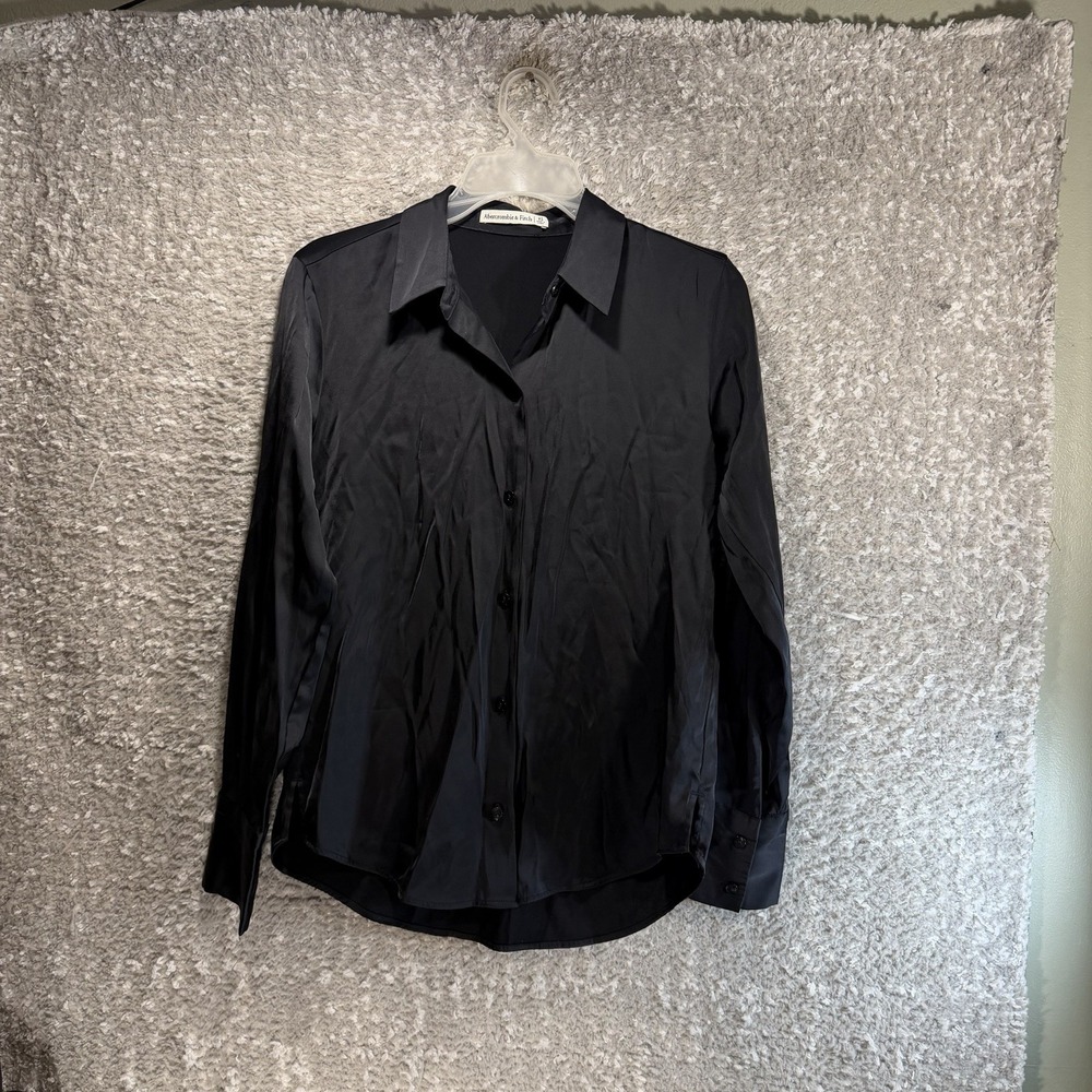 Abercrombie & Fitch Black Satin Button Up Shirt Blouse XS Preppy Career Classic